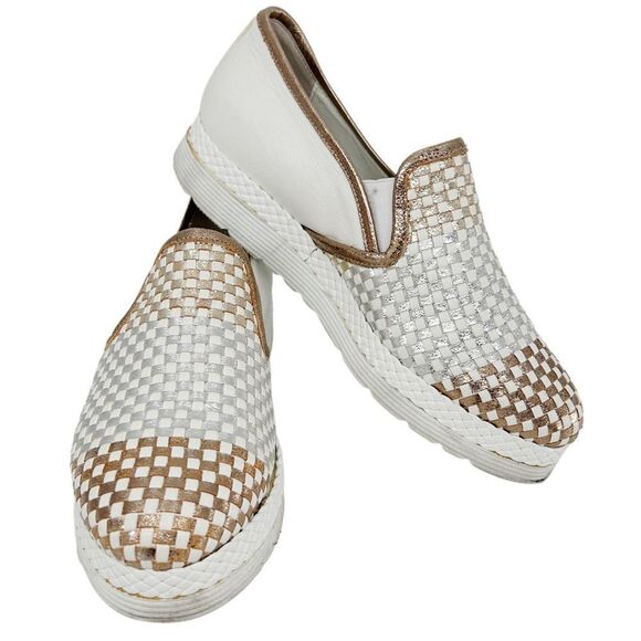 Napoleoni Woven Checkered White Gold Rose Loafers Size 5.5 - Picture 1 of 11